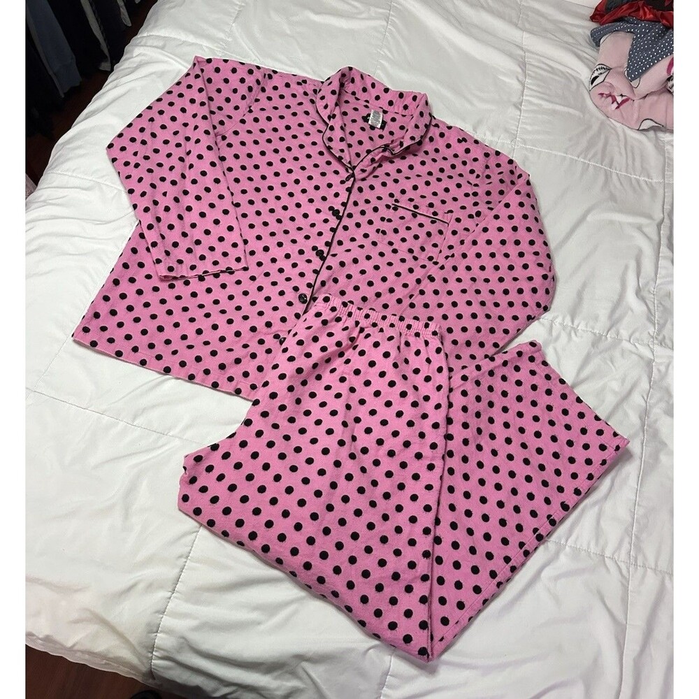 VTG Y2K Joe Boxer Pajama Set 2pc Pant Long Sleeve XL Pink Black Polka Dot Cotton